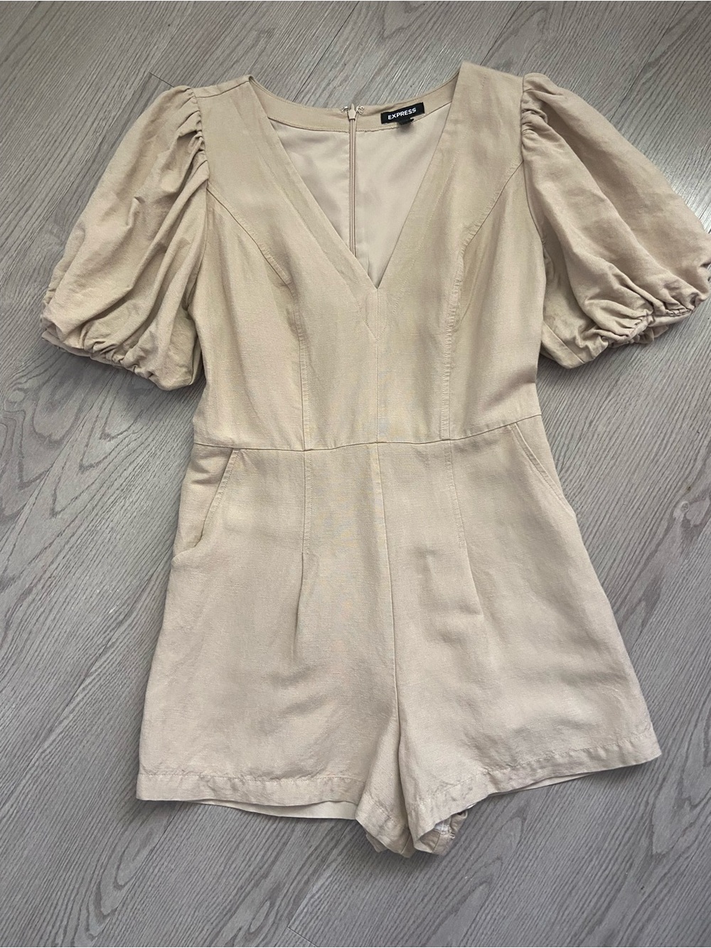 Express Neutral Beige Puff-Sleeve Romper